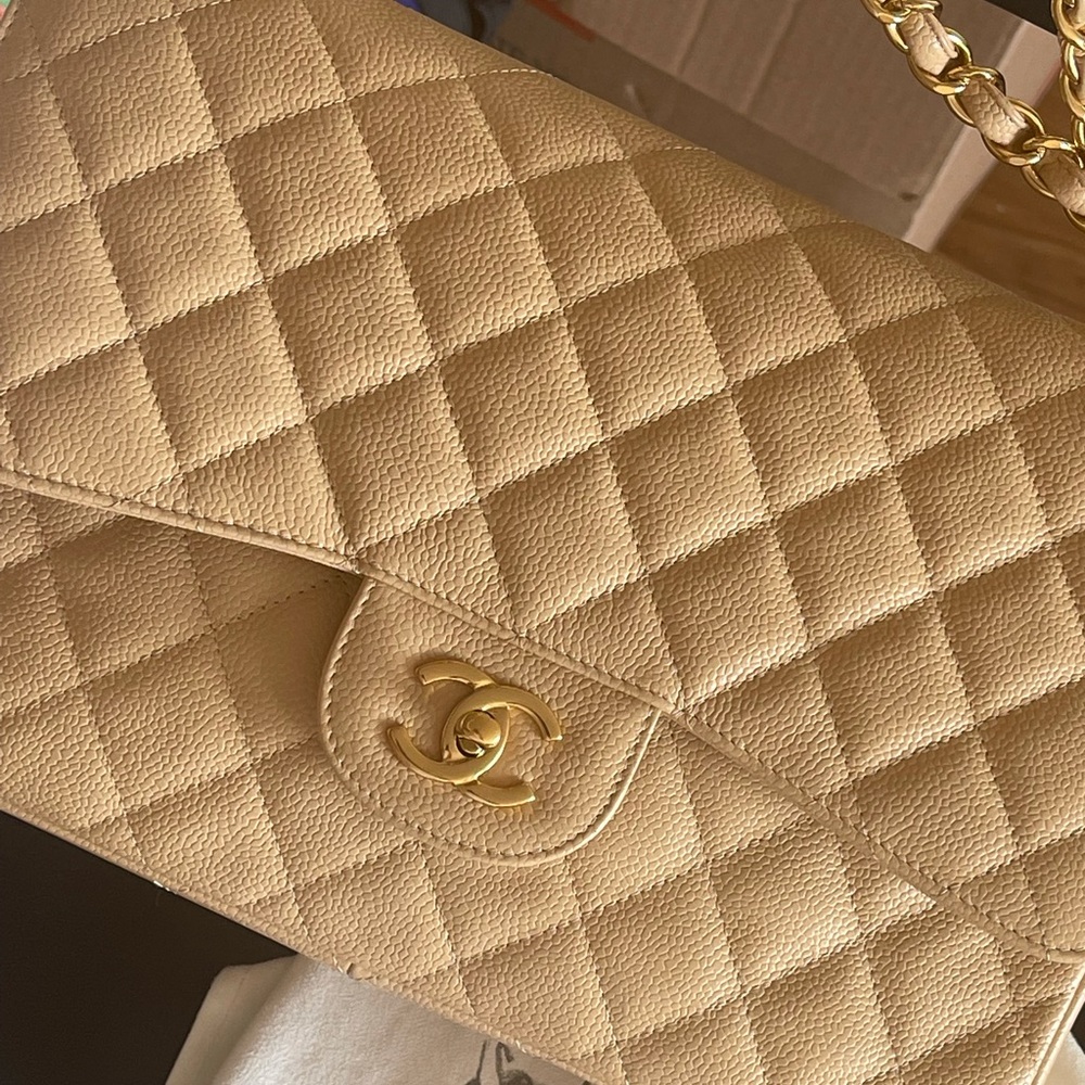 Chanel jumbo double flap beige caviar bag